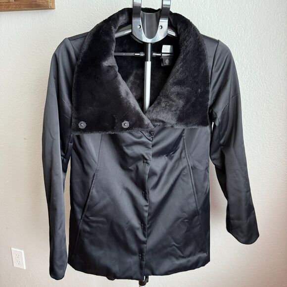 Eileen Fisher Bonded Fleece BLACK Funnel Neck Jacket Faux Fur Lined Coat XS - Picture 2 of 6